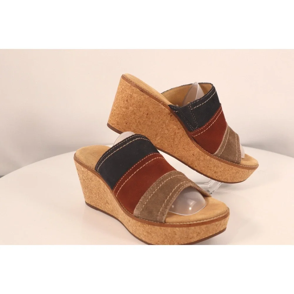 Clarks Artisan Ainsley Lily Multi Color‎ Suede Cork Wedge Sandal Shoes Womens 8M
